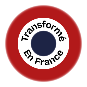 Logo avec le texte 'Transformé En France' entouré d'un cercle rouge et d'un fond blanc.